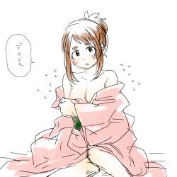 Rule 34 | 1girl, boku no hero academia, breasts, brown hair, cleavage, flying sweatdrops, hk (nt), japanese clothes, kimono, large breasts, lowres, open mouth, partially undressed, pink kimono, sidelocks, simple background, sketch, solo, uraraka ochako, white background