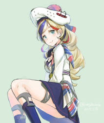 Rule 34 | 1girl, beret, blonde hair, blue dress, blue eyes, blue hair, commandant teste (kancolle), dress, grey background, hat, kangoku kou, kantai collection, long hair, multicolored clothes, multicolored hair, multicolored scarf, pom pom (clothes), red hair, scarf, simple background, smile, solo, streaked hair, white hair