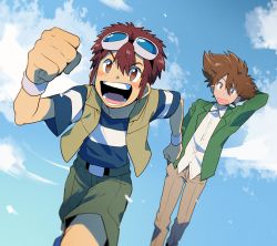 Rule 34 | &gt;:d, 2boys, :d, arm behind head, blazer, blue shirt, blush, brown eyes, brown hair, brown pants, brown shorts, brown vest, cloud, cloudy sky, day, digimon, digimon adventure 02, dutch angle, goggles, goggles on head, green jacket, hair between eyes, hand in pocket, jacket, male focus, motomiya daisuke, multiple boys, open clothes, open mouth, open vest, pants, red hair, running, school uniform, shirt, short hair, short sleeves, shorts, sky, smile, striped clothes, striped shirt, t k g, v-shaped eyebrows, vest, white shirt, wristband, yagami taichi