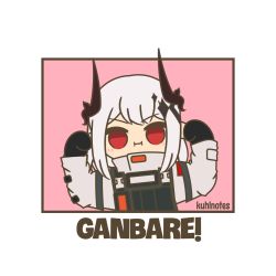 Rule 34 | 1girl, arknights, arms up, artist name, black gloves, border, chibi, clenched hands, demon girl, english text, gloves, highres, horns, jumpsuit, kuhl-notes, looking at viewer, mudrock (arknights), pink background, red eyes, romaji text, sidelocks, solo, white border, white hair