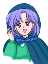 Rule 34 | 1990s (style), 1girl, :d, akazukin chacha, blue cloak, blush, cloak, earrings, facing viewer, female focus, green shirt, happy, hood, hood up, hooded cloak, jewelry, looking to the side, open mouth, purple eyes, purple hair, retro artstyle, shirt, short hair, simple background, smile, solo, white background, yakko