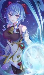 Rule 34 | 1girl, ahoge, bare shoulders, bell, blue hair, bodysuit, breasts, china dress, chinese clothes, cowbell, detached sleeves, dress, feet out of frame, flower knot, ganyu (genshin impact), genshin impact, gloves, goat horns, gold trim, gradient eyes, highres, horns, ice, kama (kama ovo), medium breasts, multicolored eyes, neck bell, orb, purple eyes, revision, snowflakes, solo, thighlet, vision (genshin impact)
