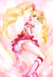 Rule 34 | 00s, 1girl, :p, blonde hair, boots, bow, choker, cure peach, curly hair, earrings, fresh precure!, hair ornament, hairpin, happy, heart, heart hair ornament, jewelry, knee boots, long hair, looking back, magical girl, momozono love, open mouth, panties, pantyshot, pink bow, pink eyes, pink footwear, precure, skirt, smile, solo, star (ikaruga), tongue, tongue out, twintails, underwear, upskirt, wrist cuffs