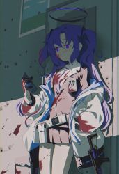 Rule 34 | 1girl, absurdres, belt, blood, blood on clothes, blood on face, blue archive, breasts, cellphone, gun, halo, highres, holding, jacket, long hair, mia (39565899), necktie, off shoulder, phone, pleated skirt, purple eyes, purple hair, sig sauer, sig mpx, skirt, smartphone, solo, submachine gun, weapon, yuuka (blue archive)