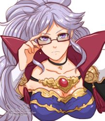 Rule 34 | artist name, breasts, choker, closed mouth, commission, commissioner upload, earrings, fire emblem, fire emblem: genealogy of the holy war, fire emblem heroes, glasses, highres, ishtar (fire emblem), jewelry, looking at viewer, necklace, nintendo, ponytail, purple eyes, purple hair, serious, sierra117renner, simple background, solo, watermark