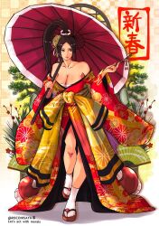 Rule 34 | 1girl, bare shoulders, breasts, brown hair, cleavage, dress, earrings, fatal fury, female focus, full body, happy new year, high ponytail, highres, jewelry, large breasts, long hair, long sleeves, new year, parasol, rocohisaya, sandals, sarashi, shiranui mai, socks, the king of fighters, umbrella, wide sleeves