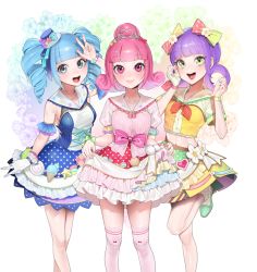 Rule 34 | 3girls, :d, absurdres, blue dress, blue eyes, blue hair, blunt bangs, bow, bowtie, bracelet, closed mouth, curly hair, detached sleeves, dress, drill hair, flower, frilled skirt, frills, gloves, green eyes, green footwear, hair bow, hand up, hat, highres, jewelry, looking at viewer, midriff, mini hat, multiple girls, ohisashiburi, open mouth, over-kneehighs, pink bow, pink eyes, pink hair, purple hair, red bow, red neckwear, sailor collar, school uniform, serafuku, shirt, shoes, short hair, short sleeves, skirt, skirt hold, smile, socks, standing, standing on one leg, thighhighs, tiara, tilted headwear, twin drills, v, w, white flower, white gloves, white legwear, yellow bow, yellow shirt, yellow skirt