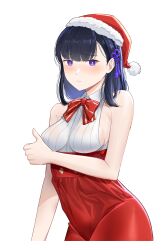 Rule 34 | 1girl, absurdres, black hair, blush, breasts, christmas, closed mouth, commentary, cowboy shot, dress, english commentary, hair ornament, hat, highres, looking at viewer, medium breasts, medium hair, neck ribbon, nuebunny, original, purple eyes, red dress, red ribbon, ribbon, santa hat, sleeveless, sleeveless dress, solo, tassel, tassel hair ornament, thumbs up, transparent background