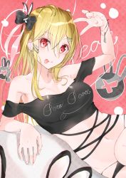 1girl, absurdres, bare shoulders, black shirt, blonde hair, blush, bow, bow hairband, breasts, eyebrows visible through hair, hair between eyes, hair bow, hair ornament, hairband, highres, huge filesize, long hair, looking at viewer, lying, medium breasts, meen (ouaughikepdvrsf), off shoulder, on side, open mouth, original, red eyes, shirt, smile, solo, tongue, tongue out, victory pose, white background