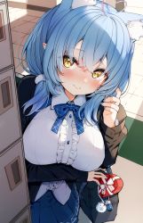 Rule 34 | 1girl, absurdres, ahoge, alternate costume, animal ear fluff, animal ears, bag, black jacket, blue bow, blue bowtie, blue hair, blue nails, blue skirt, blush, bow, bowtie, box, breasts, cat ears, center frills, closed mouth, collared shirt, commentary, darjeeling (reley), frilled shirt, frills, gift, gift box, hand up, heart, heart-shaped box, heart ahoge, highres, hololive, indoors, jacket, large breasts, long hair, long sleeves, looking at viewer, nail polish, open clothes, open jacket, pleated skirt, pointy ears, shirt, shoulder bag, skirt, smile, solo, standing, symbol-only commentary, virtual youtuber, yellow eyes, yukihana lamy