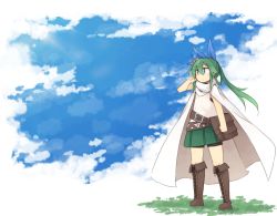Rule 34 | 1girl, bag, bare arms, black shorts, blue bow, blue eyes, blue sky, blush, boots, bow, brown footwear, cloak, closed mouth, cloud, commentary request, day, flower, green hair, green skirt, hair bow, hair flower, hair ornament, hand in own hair, hand up, kaginoni, knee boots, long hair, original, outdoors, pleated skirt, ponytail, selenoah, shirt, shorts, shorts under skirt, skirt, sky, solo, standing, sunlight, white cloak, white shirt