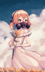 Rule 34 | 1girl, bare shoulders, blonde hair, collarbone, dress, flat chest, flower, gas mask, highres, holding, holding flower, looking to the side, makaroll, mask, original, red eyes, sad, short hair, short twintails, solo, standing, twintails, upper body
