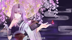 Rule 34 | 1girl, asymmetrical sleeves, bug, butterfly, expressionless, flower, hair ornament, hairpin, highres, insect, long hair, moon, purple hair, qinshi mingyue, shao siming (qin shi ming yue), shao siming zhuye, solo, upper body, veil, wisteria