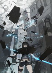 Rule 34 | 1girl, 6+others, absurdres, belt, black cloak, black gloves, black hair, blue eyes, blue nails, building, city, cloak, clock, closed mouth, cloud, cloudy sky, cross, dismemberment, dual wielding, fingerless gloves, fingernails, gloves, glowing, glowing weapon, grey sky, hair between eyes, highres, holding, holding sword, holding weapon, katana, medium hair, mek, multiple others, nail polish, no pupils, open mouth, original, outdoors, scabbard, sheath, sheathed, sheathing, sky, slashing, sword, thigh strap, weapon, white eyes