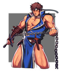 Rule 34 | 1boy, abs, bandages, bara, bare pectorals, belt, blue eyes, blush, breath, brown hair, bulge, castlevania (series), chain, cropped legs, cum, cum in clothes, cum through clothes, erection, erection under clothes, facial hair, headband, highres, holding, holding weapon, jacket, large pectorals, lvlv, male focus, muscular, one eye closed, open clothes, open jacket, pectorals, pelvic curtain, richter belmont, short hair, sideburns, sleeveless, solo, stubble, thick thighs, thighs, torn clothes, weapon, whip