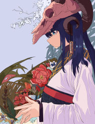 Rule 34 | 1girl, absurdres, blue background, blue eyes, blue hair, branch, closed mouth, commentary request, earrings, eyeshadow, flower, from side, hands up, highres, huge filesize, japanese clothes, jewelry, kimono, leaf, long hair, long sleeves, looking ahead, makeup, obi, original, own hands together, profile, red eyeshadow, red flower, sash, simple background, skull on head, solo, upper body, white kimono, yu yin