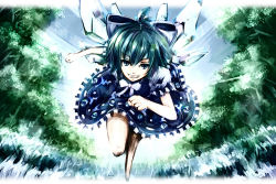 Rule 34 | 1girl, aqua eyes, aqua hair, bow, cirno, faux traditional media, forest, grin, hair bow, nature, running, same 2009, smile, solo, speed lines, speed painting, touhou, wings