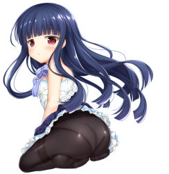 Rule 34 | 1girl, :o, absurdres, ass, black pantyhose, blue hair, blue skirt, blunt bangs, blush, camisole, commentary request, frilled skirt, frills, full body, highres, idolmaster, idolmaster cinderella girls, long hair, looking at viewer, looking back, no shoes, panties, panties under pantyhose, pantyhose, parted lips, red eyes, sajo yukimi, seiza, shizukawashi sumi, simple background, sitting, skirt, soles, solo, thighband pantyhose, underwear, very long hair, wedgie, white background, white camisole