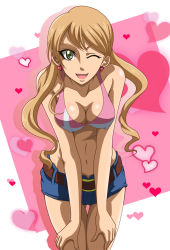 Rule 34 | 1girl, ;d, belt, blue shorts, bra, breasts, cleavage, collarbone, covered erect nipples, cowboy shot, earrings, floating hair, gluteal fold, green eyes, groin, gundam, gundam tekketsu no orphans, hands on lap, hanzou, heart, heart earrings, jewelry, lafter frankland, leaning forward, light brown hair, long hair, looking at viewer, medium breasts, midriff, navel, one eye closed, open mouth, pink bra, shiny skin, short shorts, shorts, smile, solo, standing, stomach, thigh gap, twintails, underwear