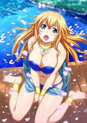 Rule 34 | 1girl, antenna hair, artist request, barefoot, blonde hair, blue eyes, blush, breasts, cleavage, fang, feet, highres, ikkitousen, jewelry, large breasts, long hair, looking at viewer, navel, necklace, open mouth, sitting, solo, sonsaku hakufu, swimsuit, tagme
