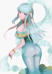 Rule 34 | 1girl, ass, bare shoulders, blue hair, breasts, dancer, fire emblem, fire emblem: the blazing blade, highres, jtaka, large breasts, light blue hair, long hair, looking at viewer, looking back, ninian, nintendo, nipples, red eyes, see-through, smile, solo, veil, white background