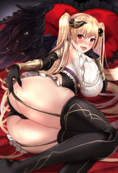 Rule 34 | 1girl, :d, angel, angel wings, ass, black gloves, black leotard, black thighhighs, black wings, blonde hair, blush, boots, breasts, elbow gloves, fallen angel, feathers, frills, garter straps, gloves, hand on own ass, highres, horns, large breasts, leotard, long hair, looking at viewer, lying, mole, mole on ass, on bed, on side, open mouth, original, pillow, red eyes, skindentation, smile, solo, thigh boots, thighhighs, thighs, tongue, tongue out, twintails, untue, very long hair, wings