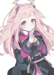 Rule 34 | 1girl, animal ears, black jacket, cat ears, close game/offline (project sekai), closed mouth, cowboy shot, halo, highres, jacket, long sleeves, looking at viewer, mechanical ears, mechanical halo, ootori emu, pink eyes, pink hair, project sekai, puffy long sleeves, puffy sleeves, qi7pi, sidelocks, simple background, solo, techwear, white background