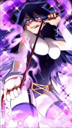 Rule 34 | 10s, 1girl, artist request, aura, belt, belt buckle, black hair, blue eyes, blush, bodysuit, boku no hero academia, breasts, buckle, cuffs, dominatrix, domino mask, facing viewer, full body, garter straps, glowing, grin, hair between eyes, half-closed eyes, hand up, handcuffs, happy, haze, highres, holding, holding whip, leotard, licking, licking lips, long hair, looking at viewer, mask, medium breasts, midnight (boku no hero academia), mole, nail polish, naughty face, parted lips, purple background, skin tight, smile, solo, sparkle, spiked hair, standing, teeth, thighhighs, tongue, tongue out, torn bodysuit, torn clothes, very long hair, whip