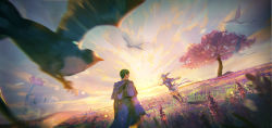 Rule 34 | 1boy, 1girl, bird, bird girl, bird legs, bird tail, black hair, blue capelet, blue hair, blurry, capelet, cloudy.zy, commentary, depth of field, dutch angle, english commentary, final fantasy, final fantasy xiv, flower, flying, grass, head wings, hermes (ff14), highres, hood, hood down, hooded robe, meadow, meteion, open mouth, outdoors, outstretched arms, robe, running, scenery, short hair, sky, smile, spread arms, standing, tail, tree, wide shot, wings