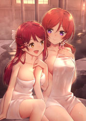 Rule 34 | 10s, 2girls, :d, arm between breasts, bare shoulders, between breasts, blush, breasts, brown eyes, collarbone, covered navel, covering privates, feet out of frame, flower, hair between eyes, hair flower, hair ornament, hair ribbon, half updo, hand on another&#039;s arm, hand on own chest, in-franchise crossover, knee up, leaning forward, long hair, love live!, love live! sunshine!!, multiple girls, nagareboshi, naked towel, nishikino maki, nude cover, onsen, open mouth, outdoors, purple eyes, red hair, ribbon, rock, sakurauchi riko, sideboob, sitting, smile, steam, thighs, towel, water