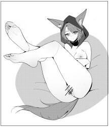 Rule 34 | 1girl, absurdres, animal ears, arknights, barefoot, blush, breasts, feet, feet up, highres, hood, looking at viewer, medium breasts, medium hair, monochrome, nipples, nude, pussy, sargon contract assassin, smile, soles, solo, tail, toes