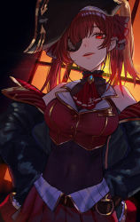 Rule 34 | 1girl, belt, bicorne, black coat, black hat, coat, covered navel, cropped jacket, eyepatch, glowing, glowing eyes, hand on own hip, hat, highres, hololive, houshou marine, jacket, looking at viewer, looking down, march ab, off shoulder, parted lips, pleated skirt, red eyes, red hair, red jacket, red skirt, skirt, solo, twintails, virtual youtuber, window