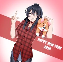 Rule 34 | 1girl, 2019, animal, black eyes, black hair, blush, breasts, collared shirt, dog, flannel, glasses, grin, happy new year, holding, holding animal, index finger raised, long hair, looking at viewer, new year, original, parted lips, red shirt, round eyewear, shirt, short sleeves, sleeves rolled up, small breasts, smile, solo, techsupportdog, teeth