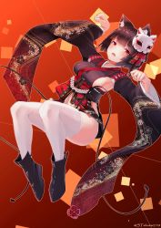 Rule 34 | 1girl, animal ears, artist request, azur lane, black hair, blunt bangs, blush, breasts, cat ears, cat mask, fang, full body, japanese clothes, kimono, looking at viewer, mask, mask on head, medium breasts, parted lips, paw pose, red eyes, short hair, sideboob, solo, thighhighs, white thighhighs, wide sleeves, yamashiro (azur lane)