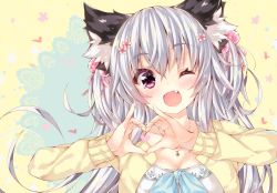 Rule 34 | 1girl, ;d, animal ears, blush, breasts, cat ears, cleavage, collarbone, commentary request, fang, flower, hair between eyes, hair bobbles, hair flower, hair ornament, hair ribbon, heart, heart hands, heart necklace, highres, jacket, jewelry, long hair, long sleeves, necklace, one eye closed, ooji cha, open clothes, open jacket, open mouth, original, oziko (ooji cha), pink flower, pink ribbon, ribbon, shirt, silver hair, small breasts, smile, solo, two side up, very long hair, white shirt, yellow jacket