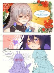 Rule 34 | 2girls, 3koma, ?, arrow (projectile), bare shoulders, blue eyes, blue hair, bronya rand, comic, commentary, earrings, embarrassed, english commentary, english text, flower, grey eyes, grey hair, hair between eyes, heart, highres, honkai: star rail, honkai (series), jewelry, long hair, multiple girls, open hand, panicking, parted lips, poltergeia, red flower, scarf, seele (honkai: star rail), smile, source quote, speech bubble, upper body, yuri