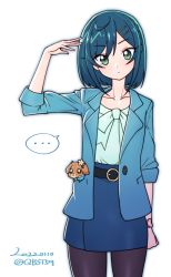 Rule 34 | ..., 1girl, ahoge, aqua hair, belt, black belt, blue jacket, blue skirt, blush, braid, check commentary, collarbone, commentary request, cowboy shot, dated, delicious party precure, dog, expressionless, eyes visible through hair, fuwa kokone, green eyes, hair between eyes, hair ornament, hairclip, hand up, jacket, looking at viewer, miniskirt, pam-pam (precure), pantyhose, pencil skirt, precure, sabum, short hair, side braid, simple background, skirt, speech bubble, spoken ellipsis, twitter username, white background
