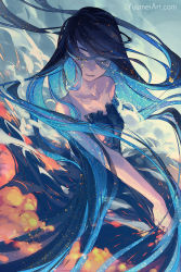 Rule 34 | 1girl, aqua hair, artist name, black dress, black hair, breasts, clenched hand, closed eyes, closed mouth, cloud, collarbone, colored eyelashes, colored inner hair, commentary, dress, english commentary, facing viewer, floating hair, frilled dress, frills, highres, light particles, long dress, long hair, multicolored hair, original, sky, sleeveless, sleeveless dress, small breasts, smoke, solo, star (symbol), very long hair, watermark, web address, yuumei