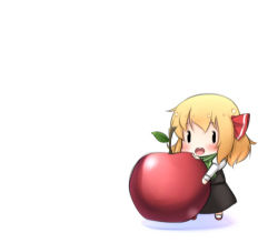 Rule 34 | . ., 0 0, 1girl, apple, blonde hair, chibi, female focus, food, fruit, green scarf, holding, lowres, mini person, minigirl, nakamura kusata, open mouth, rumia, scarf, solid oval eyes, solo, touhou, white background