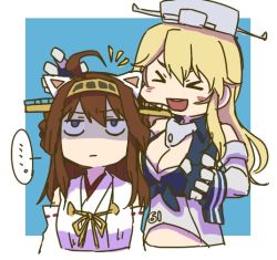 Rule 34 | &gt; &lt;, ..., 2girls, :d, ahoge, animal ears, betchan, blonde hair, breasts, brown hair, cat ears, cleavage, commentary request, detached sleeves, eyebrows hidden by hair, fake animal ears, gloves, hat, iowa (kancolle), kantai collection, kongou (kancolle), long hair, multiple girls, open mouth, shaded face, smile, spoken ellipsis, unamused, upper body