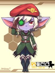 Rule 34 | blue skin, blush, boots, coat, colored skin, eyepatch, full body, gloves, hat, highres, league of legends, looking at viewer, nestkeeper, pants, pointy ears, red eyes, salute, scar, soldier, trench coat, tristana, uniform, white hair, yordle