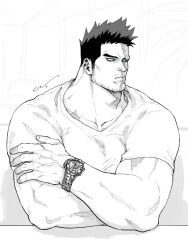 Rule 34 | 1boy, alternate costume, bara, beard, blue eyes, boku no hero academia, casual, collarbone, crossed arms, endeavor (boku no hero academia), facial hair, jo tuesday19, large hands, large pectorals, long sideburns, looking to the side, male focus, mature male, muscular, muscular male, pectoral squeeze, pectorals, red hair, scar, scar across eye, short hair, sideburns, solo, spiked hair, spot color, stubble, thick eyebrows, third-party source, upper body, veins, veiny arms, watch, wristwatch