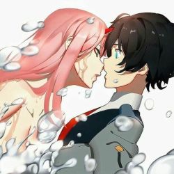 Rule 34 | 10s, 1boy, 1girl, black hair, bubble, clothed male nude female, couple, darling in the franxx, face-to-face, facing another, forehead-to-forehead, green eyes, heads together, hetero, hiro (darling in the franxx), horns, long hair, long sleeves, looking at another, military, military uniform, necktie, nude, oni horns, pink hair, red horns, red neckwear, short hair, topless male, uniform, water, wet, zero two (darling in the franxx), zerokiller002