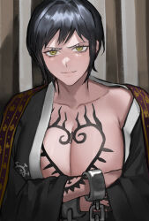 Rule 34 | 1girl, arm tattoo, black hair, black kimono, breast tattoo, breasts, closed mouth, crossed arms, cuffs, genderswap, genderswap (mtf), handcuffs, haori, highres, japanese clothes, kimono, large breasts, looking at viewer, moray of bone, one piece, open clothes, open kimono, partially undressed, short hair, smirk, solo, tattoo, trafalgar law, yellow eyes