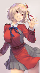 Rule 34 | 1girl, blonde hair, blue bow, blue bowtie, bow, bowtie, commentary request, cowboy shot, dress, grey background, grin, hair ribbon, head tilt, highres, long sleeves, looking at viewer, lycoris recoil, nishikigi chisato, re (re 09), red dress, red eyes, red ribbon, ribbon, short hair, simple background, smile, solo, standing, thighs