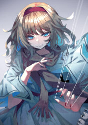Rule 34 | 1girl, :&gt;, absurdres, alice margatroid, blonde hair, blue dress, blue eyes, blurry, capelet, closed mouth, depth of field, dress, fingernails, gradient background, grey background, hairband, highres, long fingernails, long hair, looking at viewer, muraryo, nail polish, puppet strings, red hairband, red nails, scarf, serious, sharp fingernails, simple background, smile, solo, touhou, white capelet