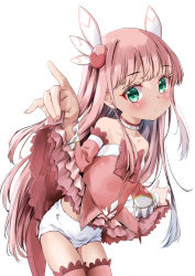 Rule 34 | absurdres, bare shoulders, blush, bow, chiyoda momo, choker, closed mouth, clothes lift, cowboy shot, detached sleeves, dress, dress bow, dress lift, expressionless, flat chest, frilled choker, frilled dress, frilled sleeves, frills, green eyes, hair ornament, highres, layered dress, lifting own clothes, long hair, long sleeves, looking at viewer, machikado mazoku, panties, pink hair, red bow, red choker, red dress, sidelocks, simple background, sleeveless, sleeveless dress, straight hair, thighhighs, underwear, white background, white panties, yappariga