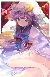 Rule 34 | 1girl, atsumi jun, blue ribbon, capelet, crescent, crescent hair ornament, double bun, dress, hair bun, hair ornament, hair ribbon, hat, hat ribbon, jitome, long hair, looking at viewer, lying, mob cap, on side, patchouli knowledge, purple eyes, purple hair, red ribbon, ribbon, solo, striped clothes, striped dress, touhou, very long hair