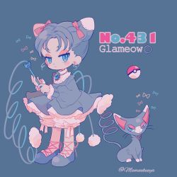 Rule 34 | 1girl, aqua eyes, artist name, bow, bun cover, cat, character name, cone hair bun, creature and personification, creatures (company), double bun, dress, earrings, frills, full body, game freak, gen 4 pokemon, glameow, grey background, grey dress, grey footwear, hair bow, hair bun, highres, jewelry, long sleeves, narumame, nintendo, personification, pink bow, poke ball, poke ball (basic), pokedex number, pokemon, pokemon (creature), puffy long sleeves, puffy sleeves, shoes, simple background, standing, twitter username, wand