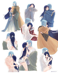 Rule 34 | 1boy, 1girl, absurdres, age difference, age progression, aged up, ass grab, blue hair, blush, braid, breasts, cape, clothes lift, clothes pull, colorized, completely nude, dress, ferdinand (honzuki no gekokujou), flower, hair flower, hair ornament, highres, honzuki no gekokujou, hug, light blue hair, long hair, long sleeves, myne (honzuki no gekokujou), marmalade (7591468), medium breasts, no panties, nude, open mouth, progression, robe, short hair, simple background, swept bangs, undressing, very long hair, white background, wide sleeves, yellow eyes